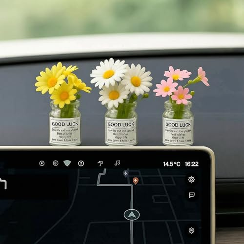 3 Stück Gänseblümchen Auto Innenraum Deko, Auto Dashboard Dekorationen | Künstlich Topfpflanzen Autozubehör für Fahrzeugfenster, Zuhause, Büro und Garten