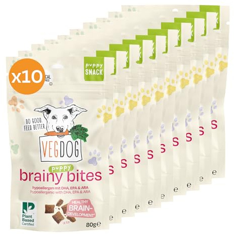 VEGDOG Brainy Bites, hypoallergene Hundeknusperkissen, für Welpen, 10x80g | Leckerli mit Fettsäuren & Algenöl zur Unterstützung der Gehirngesundheit