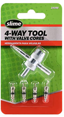 Slime 20088 Valve Tool, 4-Way, Plus Valve Cores for All Types of Tire