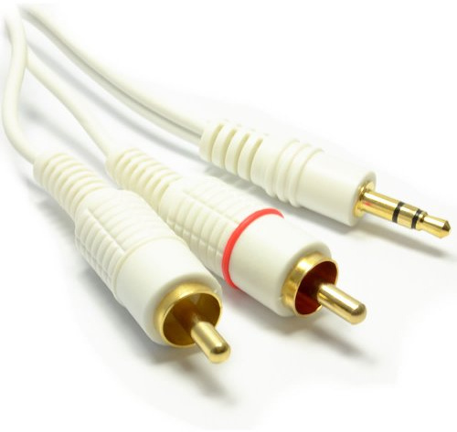 kenable 3.5mm Stereo Jack to Twin Phono Cable White Gold Plated RCA Plugs Audio Lead 2m