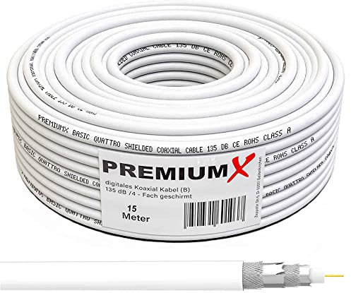 Premium X 15m BASIC Koaxialkabel 135dB 4-fach CCS Kupfer-Stahl Satelliten Koaxkabel Antennenkabel RG6 Digital SAT TV Kabel