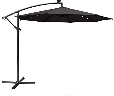 AIRWAVE 3m Cantilever Garden Parasol with Solar-Powered LED Lights | Banana Patio Umbrella with Crank Handle & Tilt, Sun Shade with Protection UPF 30+ | Black
