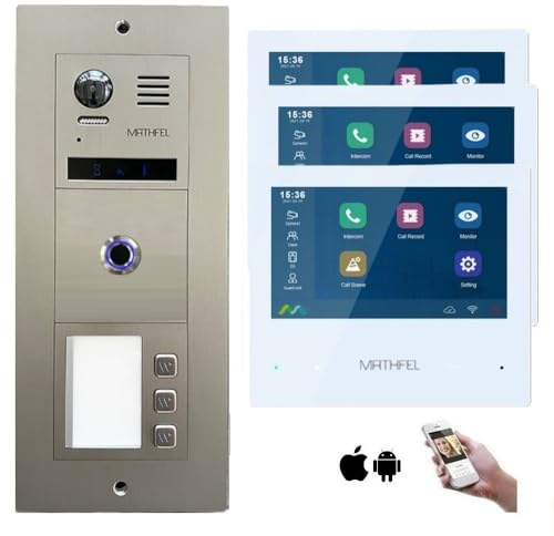 MATHFEL 2-Draht-Bus WLAN Video-Türsprechanlage mit Fingerprint-Sensor - Komplettes Set für 3 Familienhaus mit 3X 7-Zoll-Monitoren