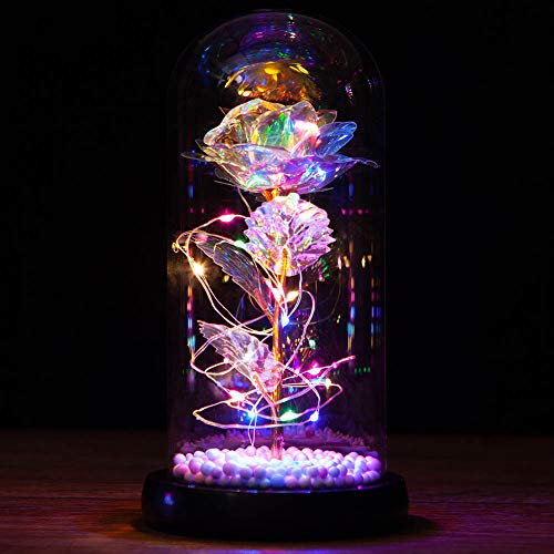 Galaxy Rose Flowers Forever Enchanted Rose with Colorful LED Light in Glass Dome for Romantic Gifts on Valentine Mothers Day Anniversary