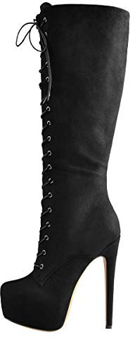 Only maker Damen Stiefel Plateau Hohe Schnürstiefel mit Stiletto Absatz Kniehohe Flanell Schwarz 43 EU