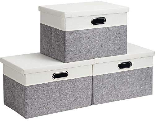 Febzoce Storage Boxes with Lids, Storage Baskets for Shelves Foldable Fabric Storage Bins Organizer for Home and Office Light Grey and White Extra Large 44 x 31 x 29 cm 3 Pack