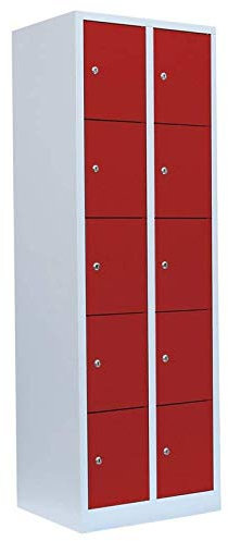 Lüllmann 10 Fächer Schließfachschrank komplett montiert 180x60x50cm Wertfachschrank Fächerschrank Spind Umkleideschrank grau/rot 520524
