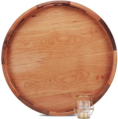 MAGIGO Großes rundes Tablett aus Kirschholz mit Griffen, zum Servieren von Tee, Kaffee oder Frühstück im Bett, klassisches, rundes dekoratives Serviertablett, 56 cm