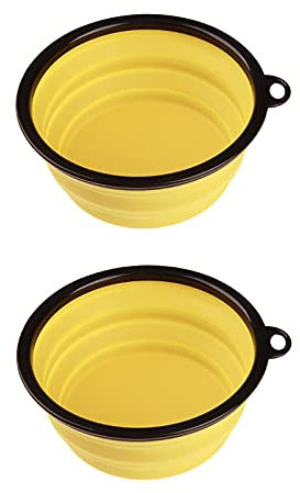 pet wiz Collapsible Travel Silicone Bowl - 350ml | Two Pack - Portable Food & Drink Bowl with Hook for Dogs & Cats (Yellow)