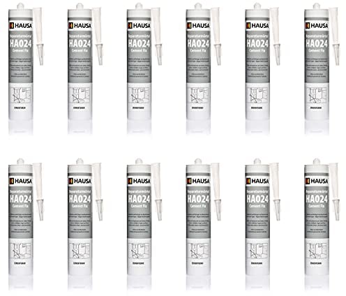 HAUSA Reparatur-Mörtel Cement Fix HA024 12x 310ml zementgrau gebrauchsfertiger Fugenmörtel zum Verfugen Füllen Ausbessern von Fugen Brüchen Rissen, Express Zement für Innen & Außen, Dichtmasse