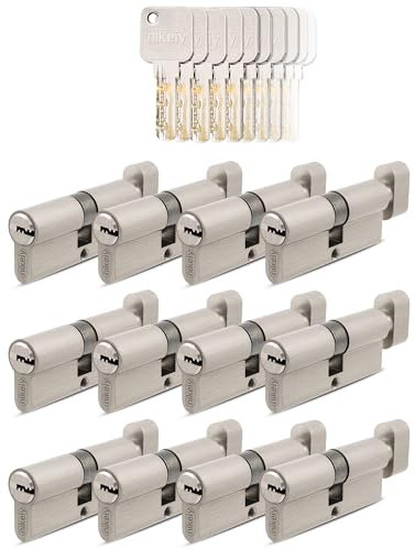 GERCAR Cylindres à bouton 45/45 à fermeture identique - 12 cylindres de serrure avec bouton et 60 clés - Serrure de porte 90 mm - Laiton mat