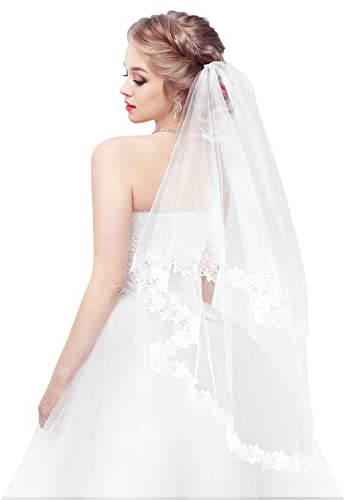 Lurrose Bridal Schleier 2 Tier Hochzeitsschleier Frauen Kurze Fingerspitzen Länge Schleier Spitze Tüll mit Kamm für Braut zu Sein Brautdusche Hochzeit (Weiß,35 Zoll)