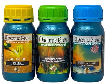 Madame Grow - Fertilizzante organico - Assortimento di fertilizzanti naturali o concimi, fioritura, alghe e sapone di potassio - Per piante 420 - KIT JADE (3x250ml)
