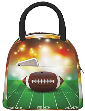 American Football Ball On Gras Sports Print Large Portable Insulated Bento Bag Portable Lunch Bag Food Pouch Bento Storage Bag Picnic Bag