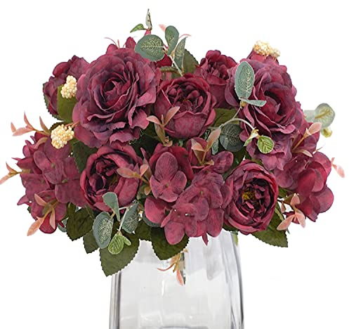 HUAESIN 2 Pcs Künstliche Blumen Pfingstrose Unechte Kunstblumen Rosen Seidenblumen Hortensien Plastikblumen Dunkelrot für Hochzeit Balkon Garten Büro Tischdeko 30cm
