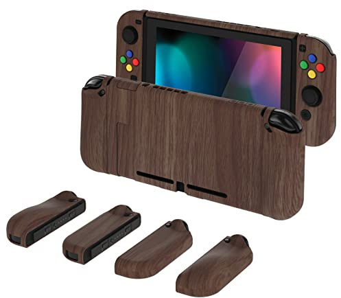 PlayVital AlterGrips Case für Nintendo Switch Konsole Joy Con, Hülle Zubehör Schutzhülle Tasche, Ergonomische Grip Joycon Cover mit Schutzfolie&Joystick Kappen-Holz-Optik