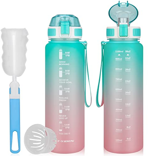 LEEPAT 1 litre Water Bottle with Straw, Motivational Fitness Sport Water Bottle with Time Maker, Leakproof BPA-free Tritan Drink Bottle for Outdoor (light-green-pink)