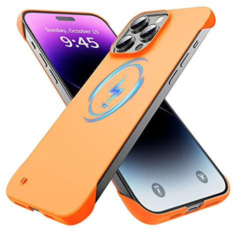 GRECAZO Magnetic Slim Case Fit for iPhone 14 Pro Max Phone Case 6.7(2022) Ultra-Thin Lightweight Durable Frameless Matte Hard MagSafe Cover Case with Pull Ring Shockproof Non Slip Rope-Orange