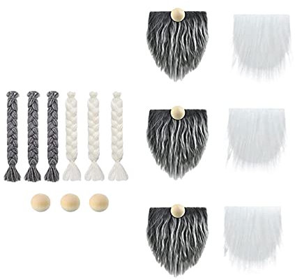 F Fityle Kunstpelz Stoff GNOME Bart Mit Holzkugeln Set, Weihnachten Vorgeschnittener Zwergenbart, Ostern Weihnachten Deko Wichtel Bart Basteln für DIY Weihnachtsmann Wichtel Puppe, Grau-weiß