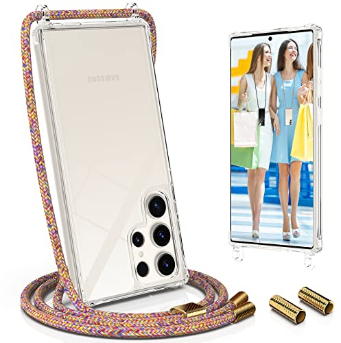 UYMO Handykette Hülle mit Band kompatibel mit Samsung Galaxy S23 Ultra 6.8 - | Necklace Transparent Handyhülle Case mit Schnur Abnehmbar |,Stoßfeste Schutzhülle zum Umhängen Kordel, Regenbogen