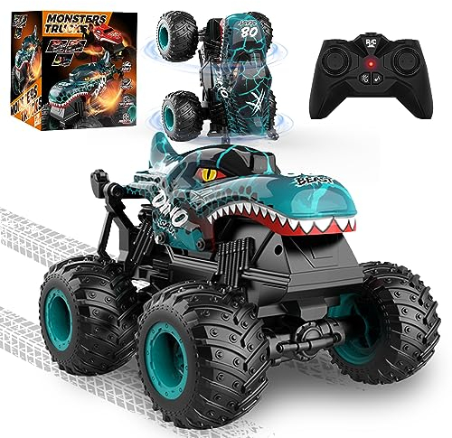 Voiture Télécommandée, Monster Truck Telecommande avec Lumières LED et Musique, 2.4GHz Dinosaure Voiture Telecommandé Enfant, 360°Rotation Voiture Télécommandée Drift, Jouet Enfant 3 4 5 6 7 8+ Ans