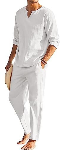 Geagodelia Completo Estivo da Uomo 2 Pezzi Casual per Spiaggia Tuta Completa Maglietta a Manica Lunga + Pantaloni con Coulisse Set Uomini (Bianco, M)