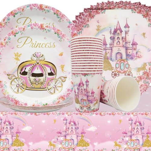 Doyomtoy Vaisselle Princesse,61Pcs Kit Anniversaire Princesse,Princesse Partyware Set Décoration de fête de Château de Princesse Comprend Assiette,Gobelets en Papier Serviettes Nappe,20 invités
