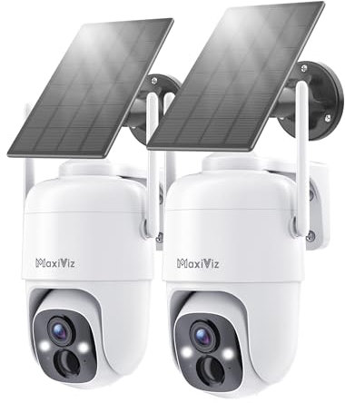 MaxiViz Wireless Security Camera Outdoor, 360° View Cameras for Home Security with Solar Panel, AI Motion Detection, 2K Color Night Vision, Two-Way Talk, IP66 Weatherproof, SD/Cloud Storage (2 Pack)