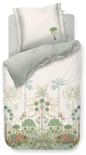 PiP Studio Bettwäsche Panoramico Cremefarben Bäume Farne Oriental Ornamente Grün Blumen Früchte Häuser Regenwald, Größe:135 cm x 200 cm