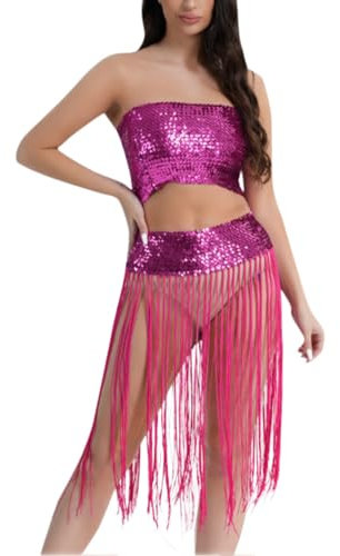 KBOPLEMQ 2 Teiler Set Sexy Quaste Pailletten BH Oberteil + Quasten Rock Rave Zweiteiler Festliche Outfits für Damen Fransenrock Rock Frauen Bauchtanz Hüftschal Festival Outfit