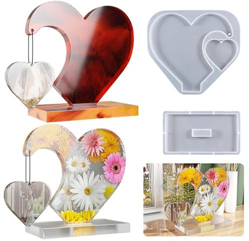 Wekuw Resine Epoxy Moule Silicone Ensemble Coeur 6,96in avec Base, Moule Epoxy en Silicone pour Bricolage, Cadre Carte Décoration Fait à la Main, XSZMJ-WEE-1