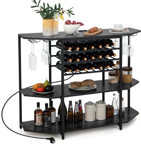 COSTWAY Weinregal mit Glashalter & Regalen, 3 Ebenen Flaschenregal mit Steckdosen, für 21 Weinflaschen, industrieller & freistehender Weinschrank für Zuhause, Küche, Bar, 120 x 40 x 92 cm (Grau)