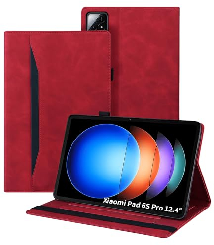 Auslbin Custodia compatibile con Xiaomi Pad 6S Pro 12.4 2024 Cover, Tablet in Pelle PU Adatto per Xiaomi Pad 6S Pro, Stile Classico in Pelle, Rosso