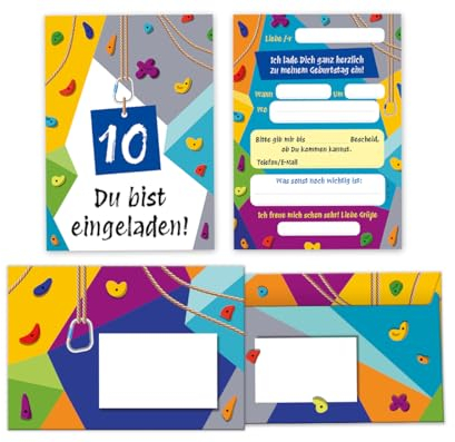 Minkocards 8 Einladungskarten incl. 8 Umschläge zum 10. Kindergeburtstag Klettern Bouldern Mädchen Jungen Einladungen zehnte Geburtstag
