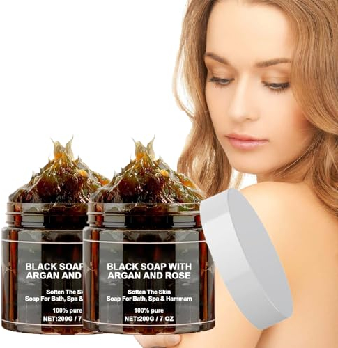 Marokko Schwarze Seife mit Argan und Rose, Marokko Körperpeeling, 100% Organische Marokkanische Schwarze Seife, Schwarze Seife Körper Peeling Seife, Peeling Duschgel für Weiche Haut - 200g