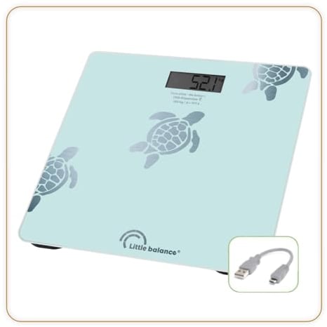 LITTLE BALANCE 8730 Tortues Aqua métallisées, Pèse-personne sans pile, Rechargeable USB-C, Réparable, 180 kg, Design Aqua métallisée