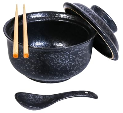 Ceramic Ramen Bowl Set, 800ml with Lid, Spoon and Chopsticks, Japanese Vintage Large Soup Bowls Instant Noodle Bowl Asian Tableware (Schwarz*1)