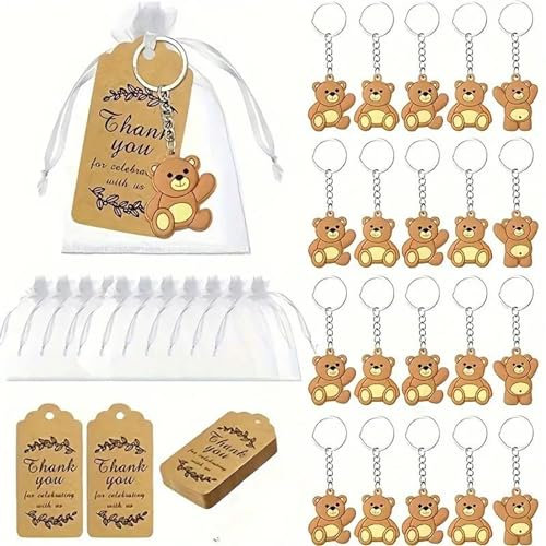 Lidzopas Lot de 18 porte-clés mignons en forme d'ours de la jungle avec étiquettes de remerciement en kraft pour sacs en organza pour décoration de fête d'anniversaire