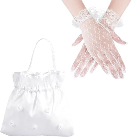 1 bolso de mano de boda con 1 par de guantes de encaje, bolso de boda para novia, bolso de dama de honor, bolso para boda, accesorio de comunión para niñas (blanco)