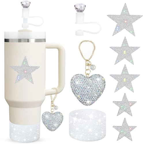Stanley Accessories Set - 8 Pcs Including 1pc Dustproof Diamond Cup Straw Cover Topper, 1pc Heart Hanging, 5pcs Star Shape Stickers and 1 Pc Silicone Sleeve for 40oz/30oz Cup