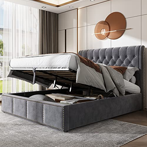 Merax Upholstered Bed Frame with Hydraulic Lift, 4FT6 Double Bed Frame with Storage, Functional Ottoman Bed, Sturdy Construction, Without Mattress, Elegant Velvet Finish, Grey, 135x190cm