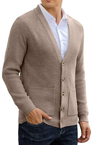Sailwind Mens Long Sleeve Cardigan Autumn Chunky Knitted V Neck Button Cardigan Soft Cable Knit Sweater for Men (Desert Khaki, L)