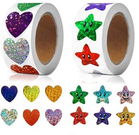 TPTGIAR 1000 Stück Glitzer Sticker Sterne, Selbstklebend Aufkleber Sterne, Star Smiley Aufkleber für DIY, 2 Rolle Runde Liebe Sticker Schule für Scrapbooking Karten Fotoalbum Dekoration