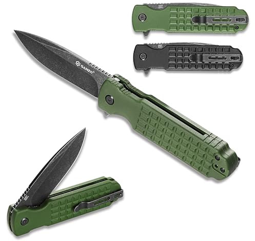 GANZO G627-GB Pliant de Poche Lame en Acier 8CR14 85mm ABS Poignée Antidérapante avec Clip Camping EDC Couteau 203 mm 130 g (Vert)