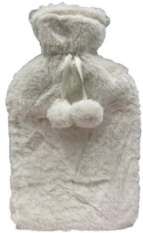 MIFAH Hot Water Bottle Natureal Rubber Cold Winter with Soft Plush Fluffy Faux Fur Cover Warm Cosy 2 Litre 33 x 21cm (Cream/White)