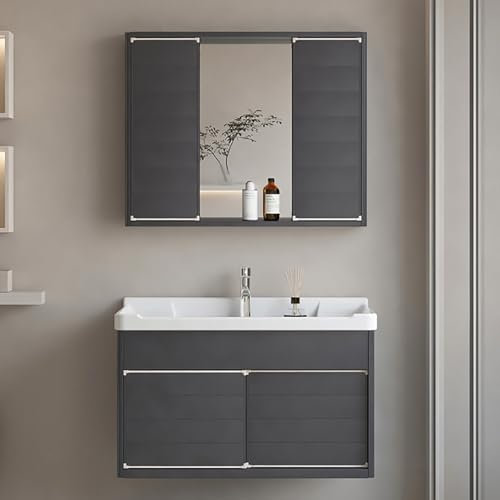 Gtzly Waschbecken mit Unterschrank, Praktisches Keramikwaschbecken mit Spiegelschrank, Freistehender Badezimmer-Waschtisch Zur Wandmontage for Badezimmer, WaschküChe, Wohnzimmer, Balkon(Grau,80CM)