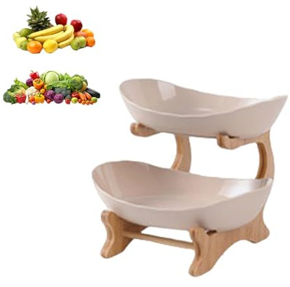 Cesta de frutas de 2 niveles, estante para verduras, cesta de pan, estante de madera de polipropileno, bandeja de servir, cestas de frutas, estante de almacenamiento de verduras para cocina, hogar