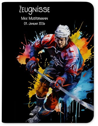 CreaDesign Customize A4 Zeugnismappe für Kinder 26,7x32,7x1 cm, Sichtbuch mit 10 Klarsichthüllen, erweiterbar auf bis zu 20 Taschen, Eishockey Spieler Design, Dokumentenmappe für Schüler