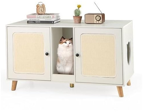 FANTASK Armoire pour litière pour Chat - Armoire avec 2 Portes et griffoir et 2 Tapis griffoirs en sisal et entrée - Maison pour 2 Chats - Table d'appoint - 108 x 50 x 60 cm (Blanc)