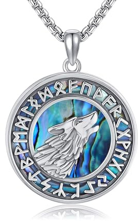 YAFEINI Wolf Kette 925 Sterling Silber Abalone Muschel Wikinger Wolf Anhänger Halskette Wikinger Schmuck Geburtstag Geschenk für Männer Damen Frauen Herren